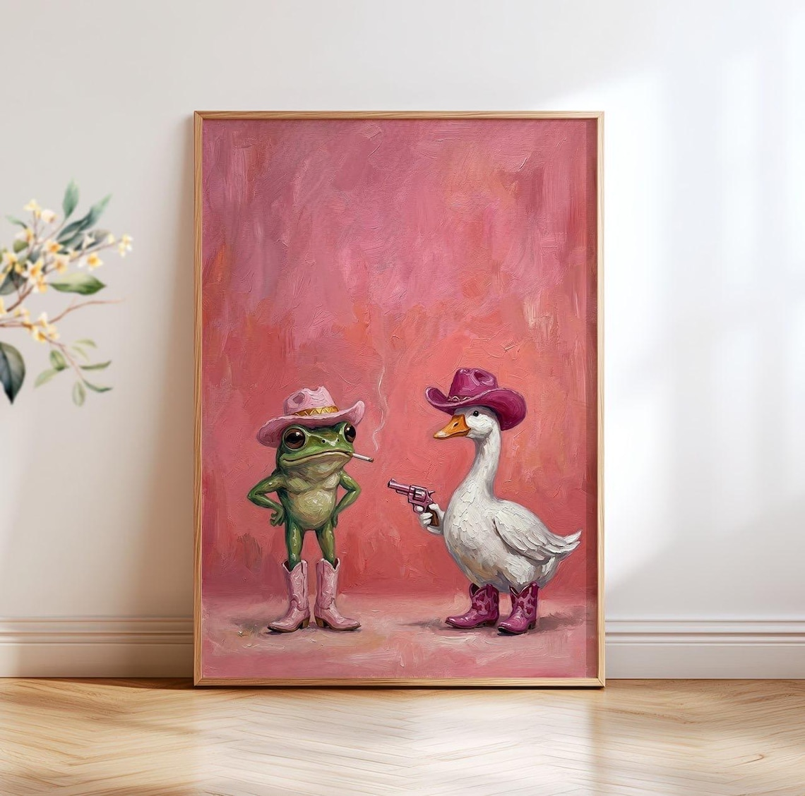 Funny Animal Wall Art, Quirky Dopamine Decor, Cowboy Frog and Duck Print, Weird Western Wall Art, Eclectic Maximalist Gift