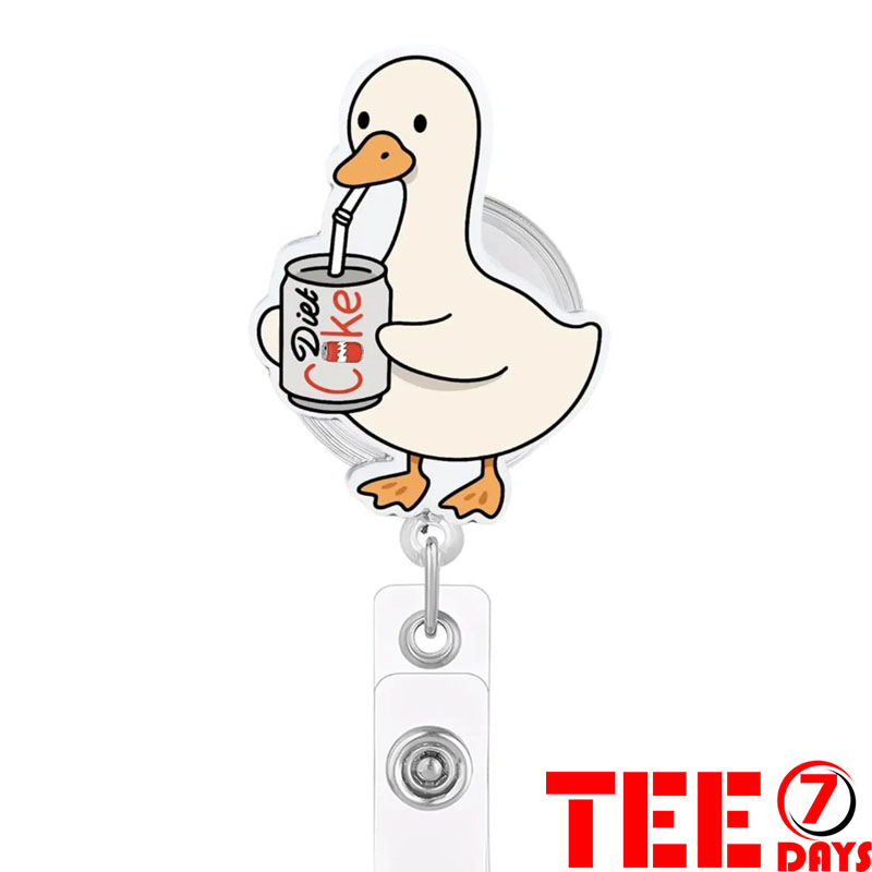 Funny white goose holding and drinking a soda can retractable badge reel with clear vinyl strap