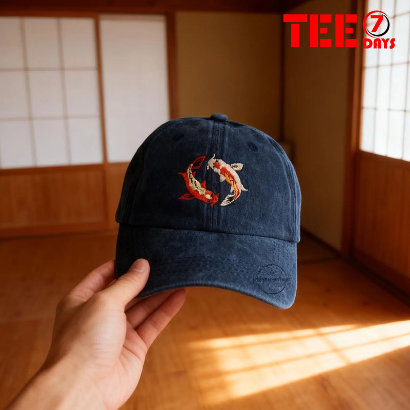 Vintage dark navy blue washed cotton baseball cap featuring embroidered Yin Yang Japanese koi fish design